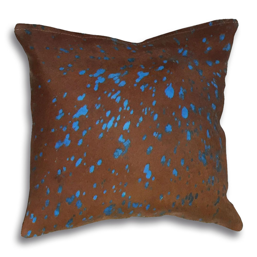 Cushion Turquoise Splashed On Brown, Suede Fabric Backing, Size 20x20