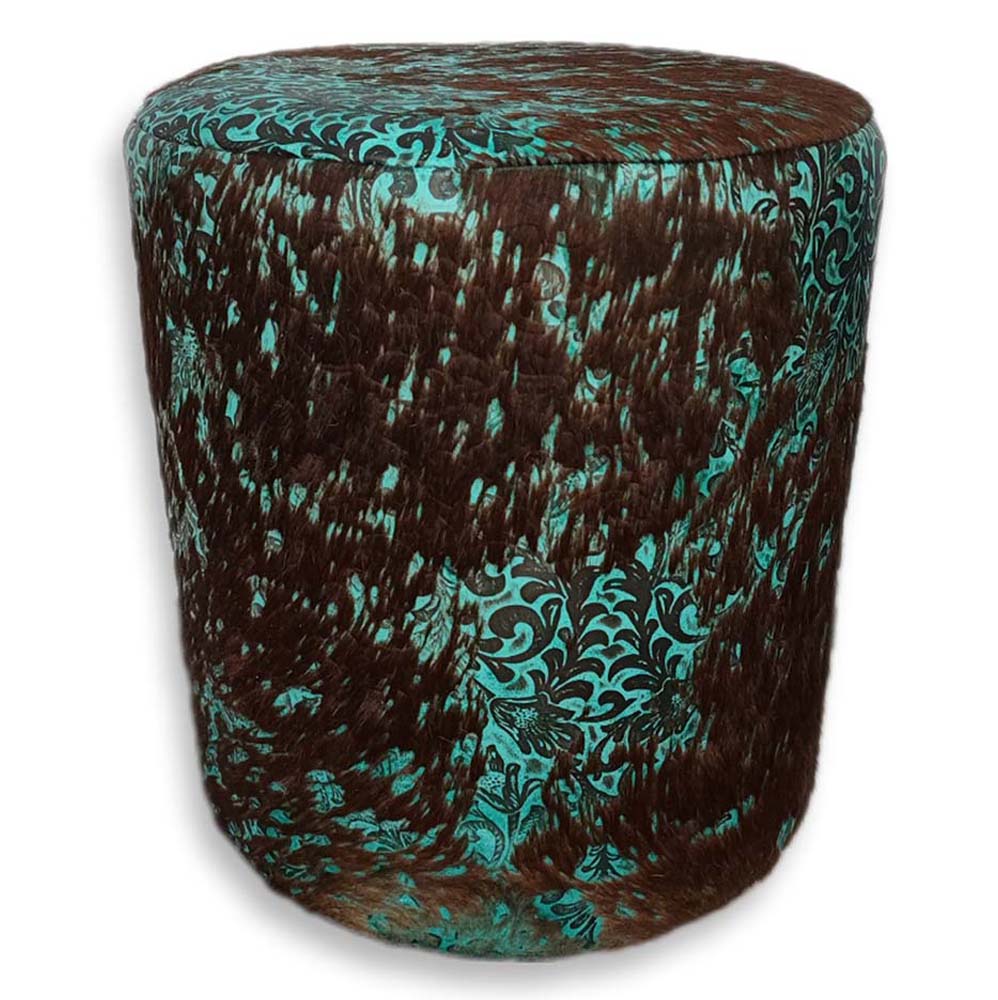 Ottoman Round, Distressed Embossed Floral Turquoise on Brown