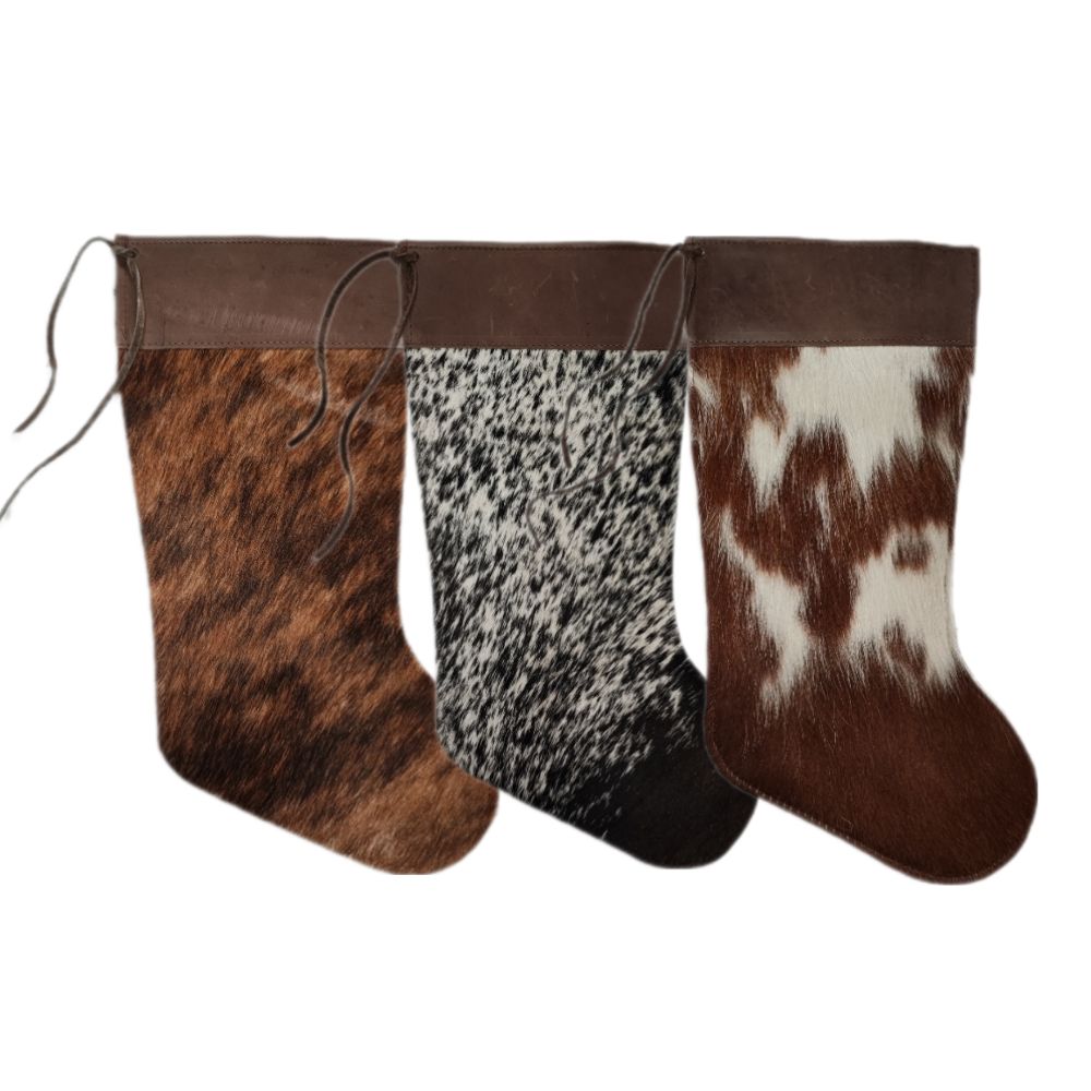 Stocking, Cowhide Assorted Colors and Brown Leather Top Stripe, Size 9"X17"
