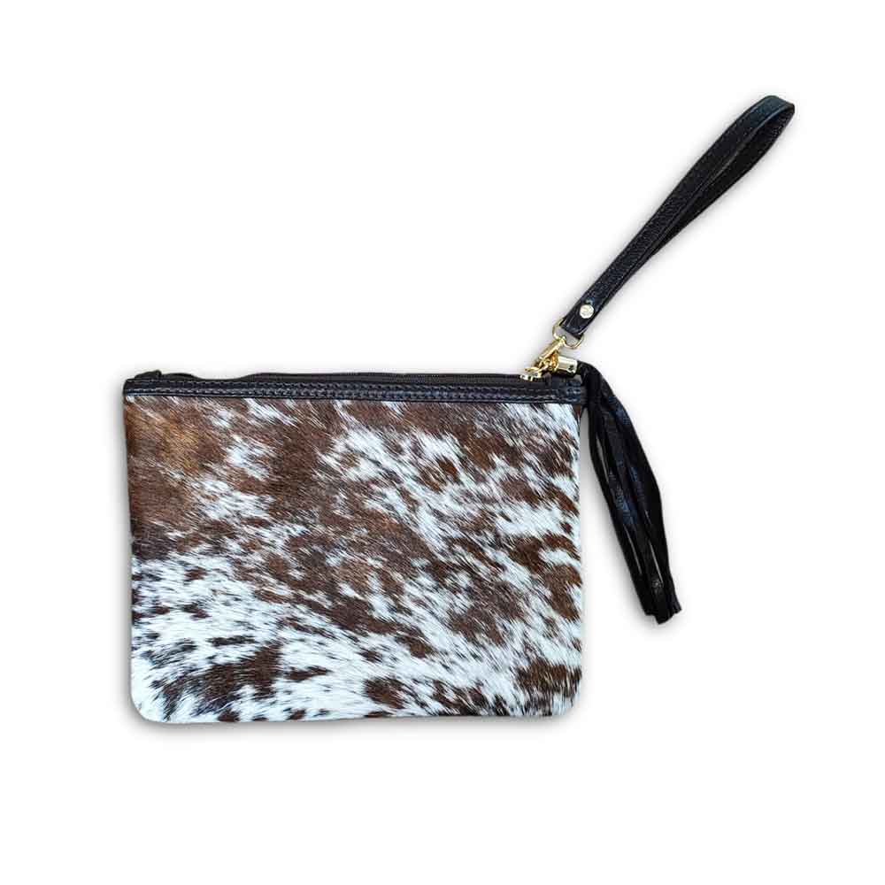 Clutch, Salt & Pepper Brown and White Cowhide
