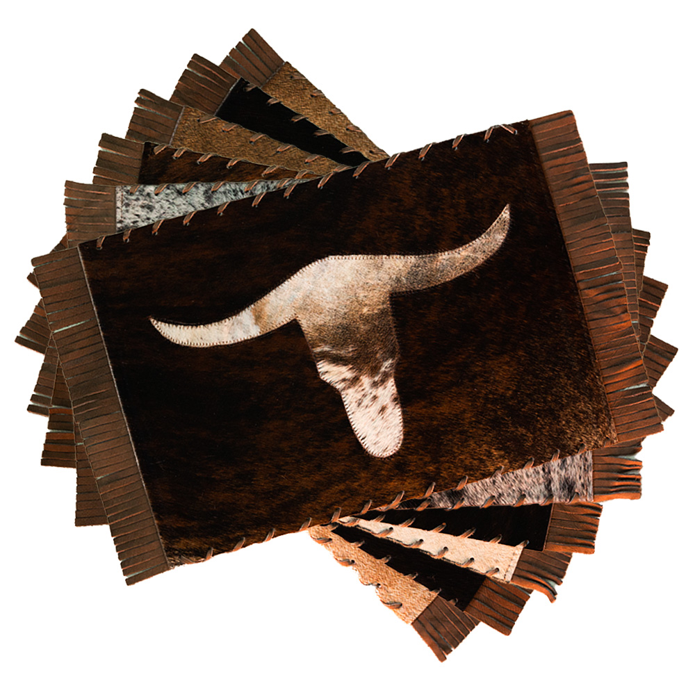 Cowhide Placemat Long Horn With Leather Fringes Sides