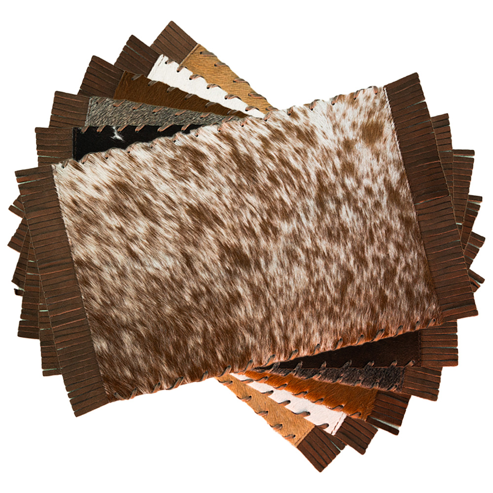 Cowhide Placemat Plain Assorted Colors With Leather Fringes Sides