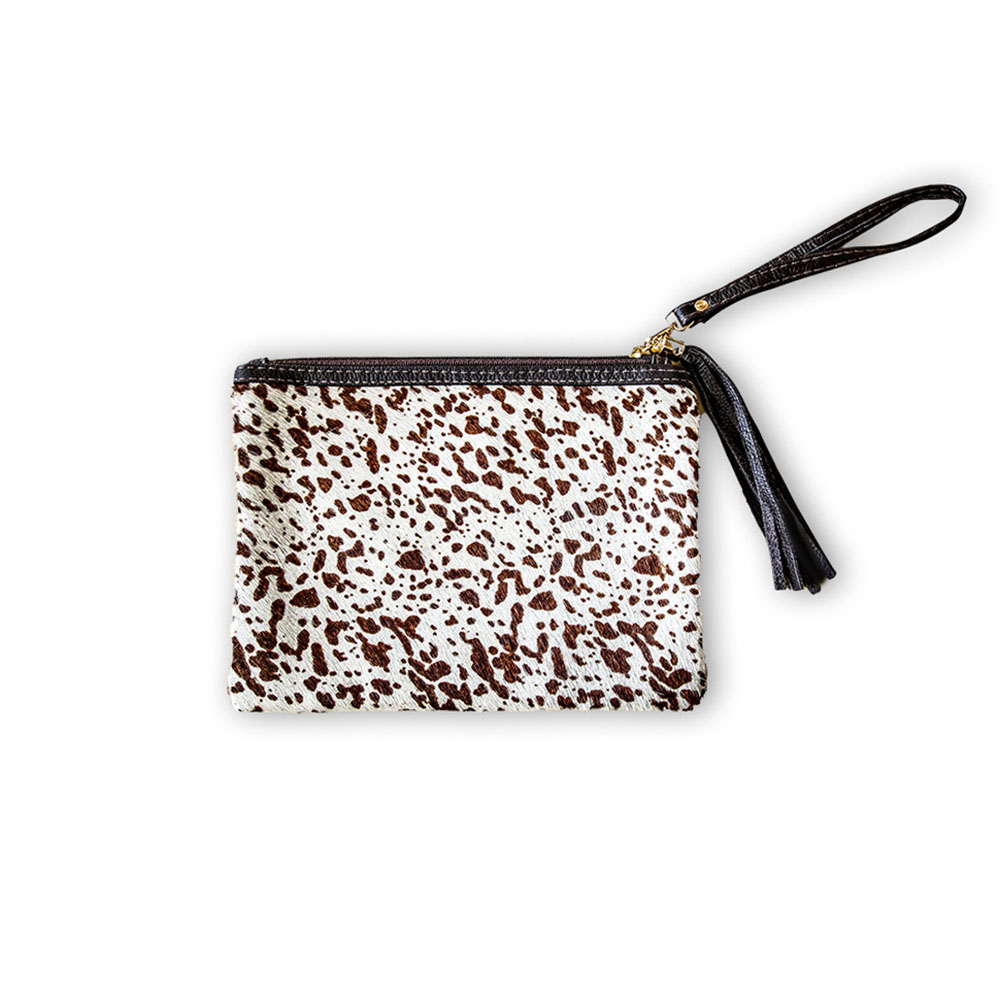 Clutch Little Cow on White, Made of Printed Hair on Cowhide