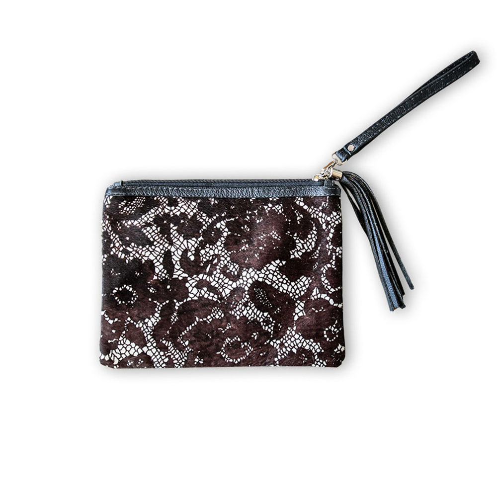 Clutch Blossom on White, Made of Printed Hair on Cowhide