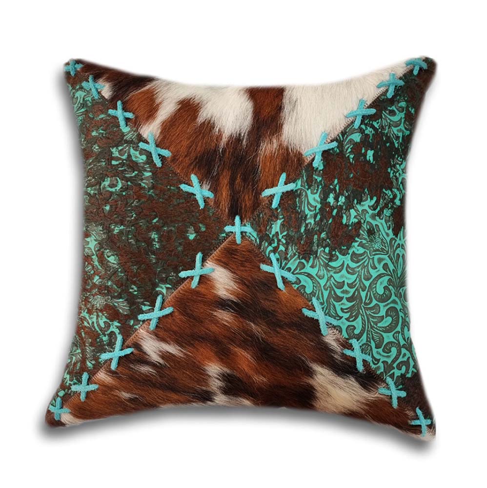 Pillow Case The Ranch, Distressed Floral Turquoise and Cowhide Assorted, Suede Fabric, Size 16"X16" Pillow Case The Ranch, Distressed Floral Turquoise and Cowhide Assorted, Suede Fabric, Size 16"X16"