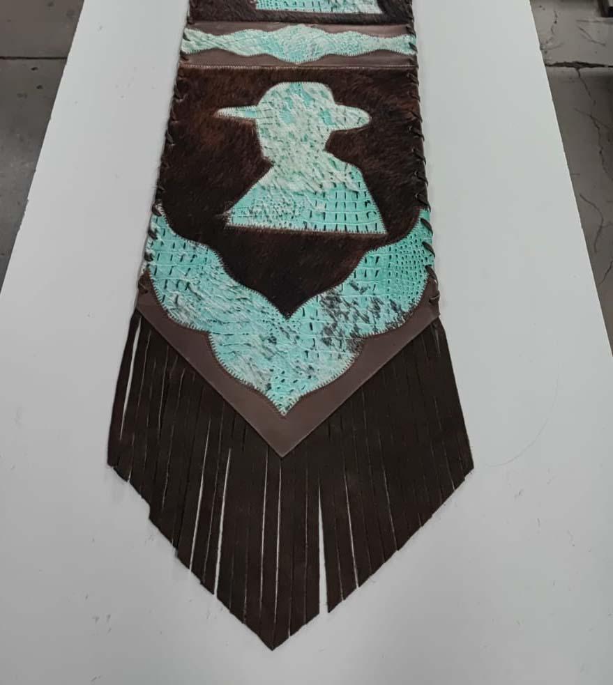 Table Runner Model 2 - Cowboy Head with Details Floral Turquoise, with Fringes, Size 1'X6' Table Runner Model 2 - Cowboy Head with Details Floral Turquoise, with Fringes, Size 1'X6'