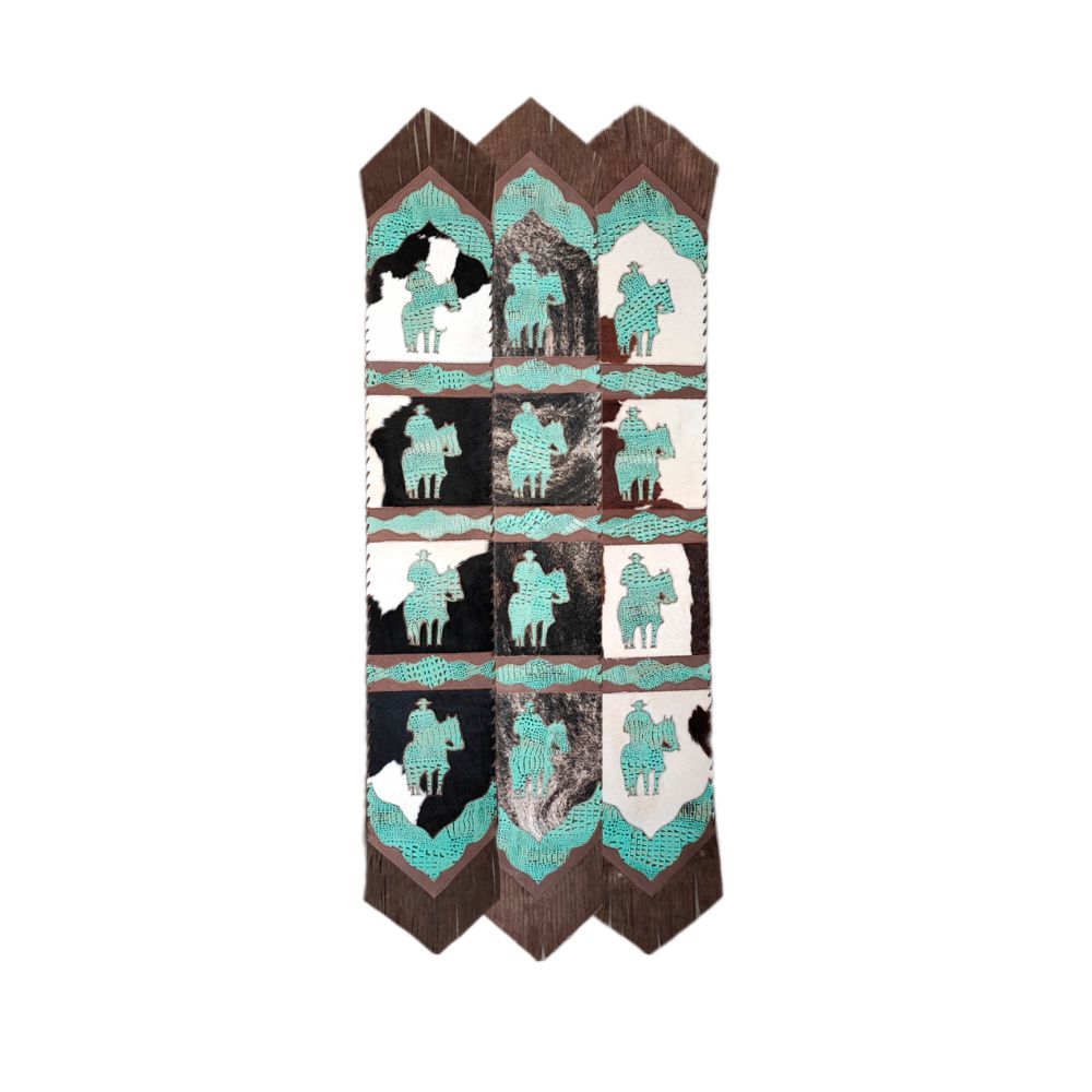 Table Runner Model 2, Lone Cowboy with Croc Turquoise Hair-On, with Leather Fringes, Size 1'x6'