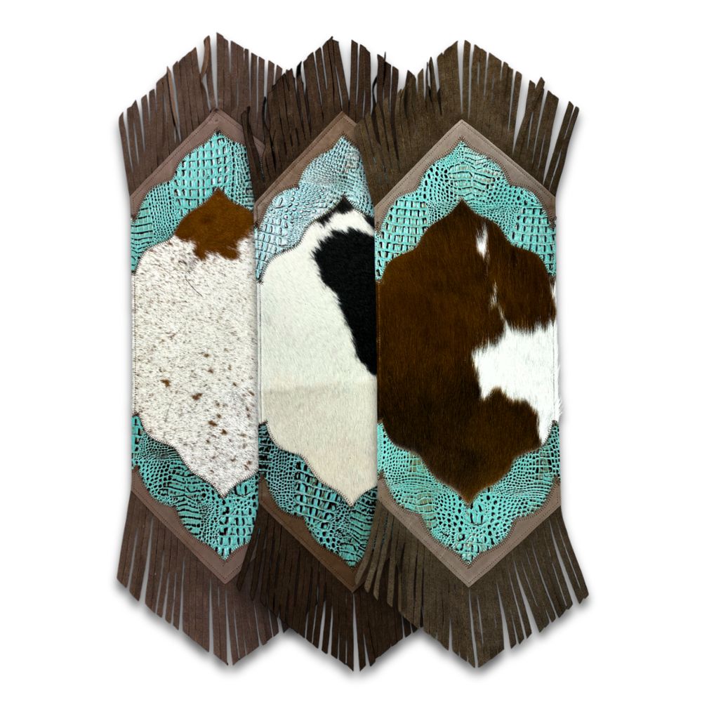Mini Table Runner Model 2 - Plain with Details Croc Turquoise, with Fringes, Size 1'X2'6"