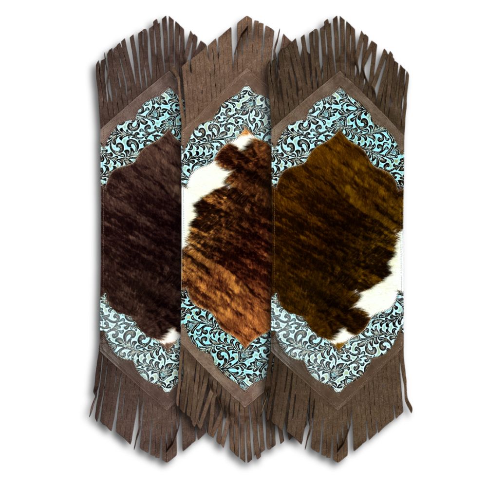 Mini Table Runner Model 2 - Plain with Details Floral Turquoise, with Fringes, Size 1'X2'6"