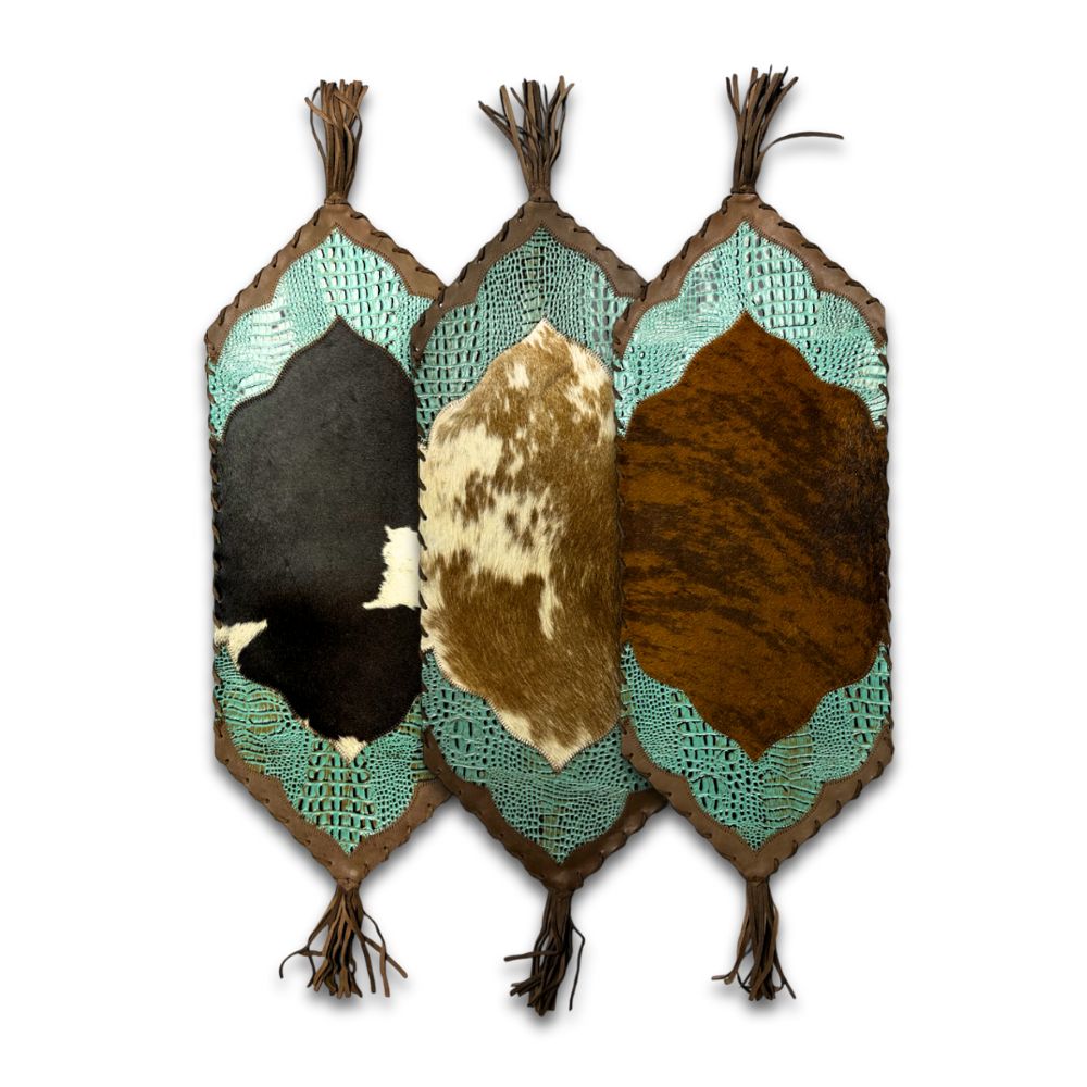 Mini Table Runner Model 2 - Plain with Details Croc Turquoise, with Tassel, Size 1'X2'6"