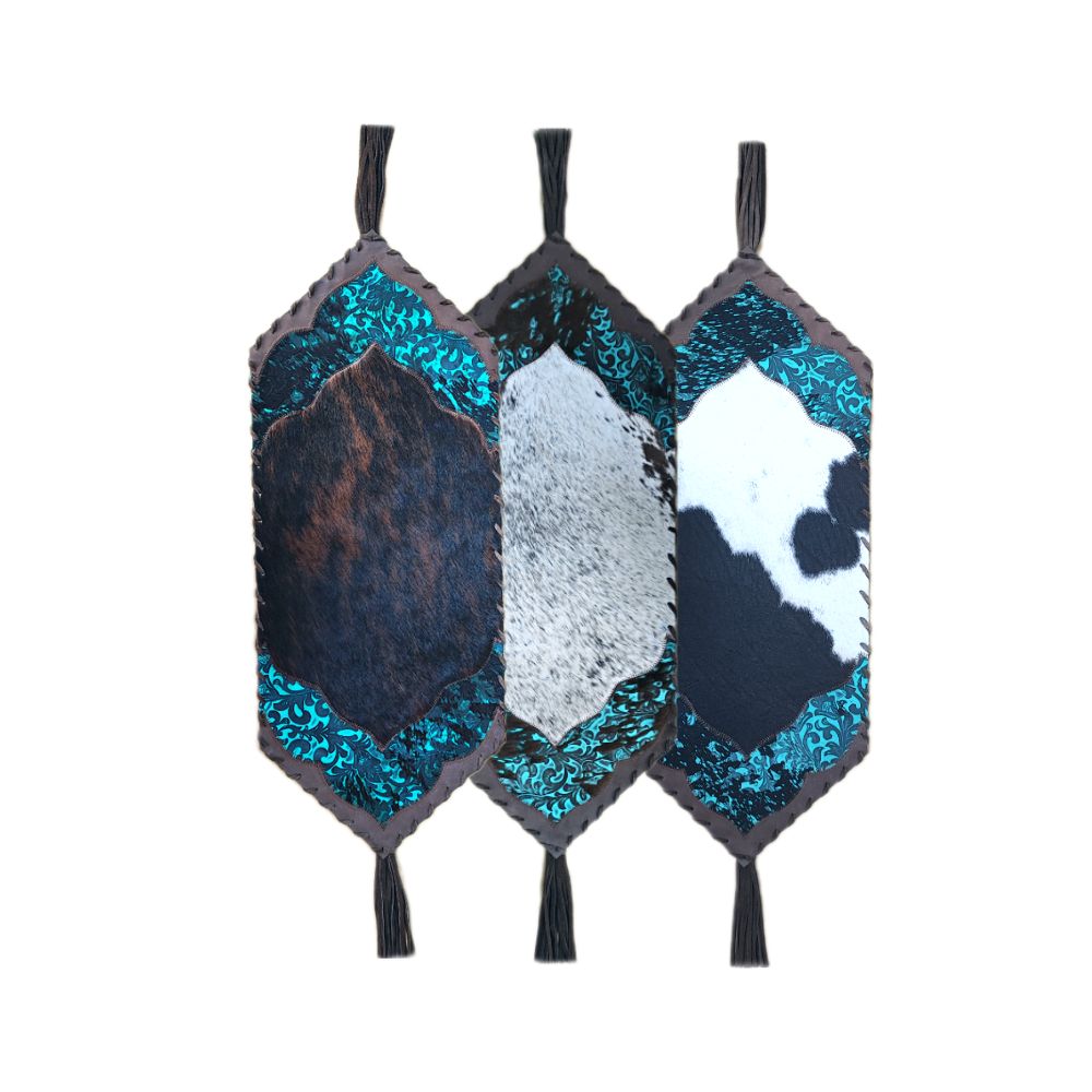 Mini Table Runner Model 2 - Plain with Details Distressed Floral Turquoise, with Tassel, Size 1'X2'6"