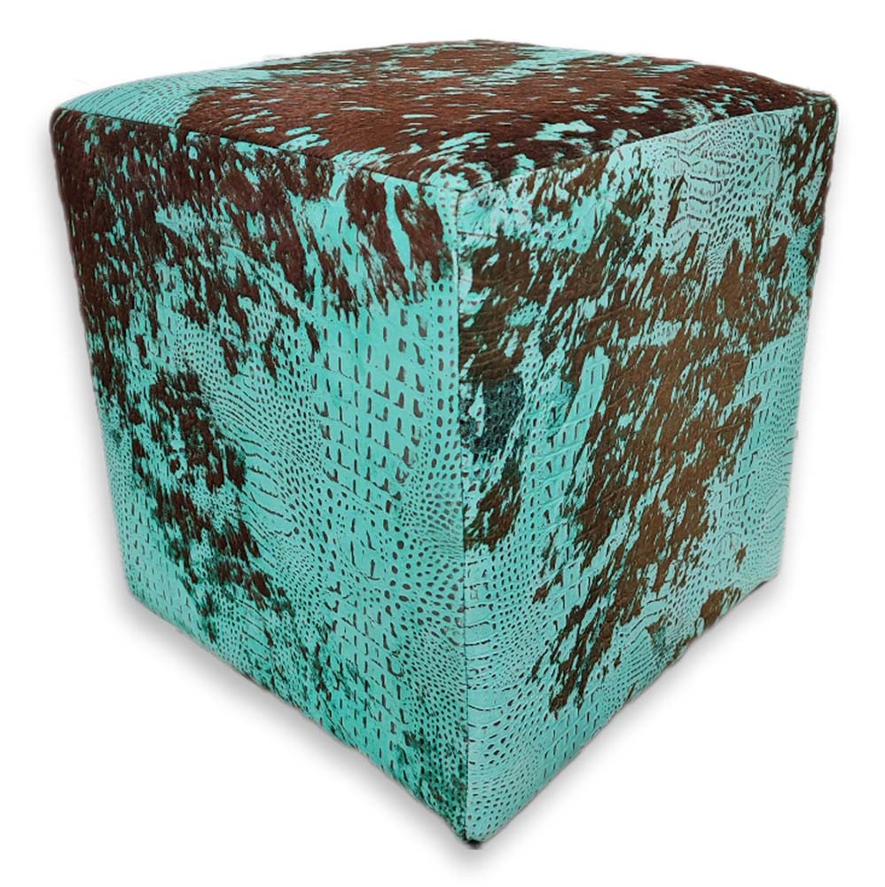 Ottoman Square, Distressed Embossed Croc Turquoise on Brown Ottoman Square, Distressed Embossed Croc Turquoise on Brown