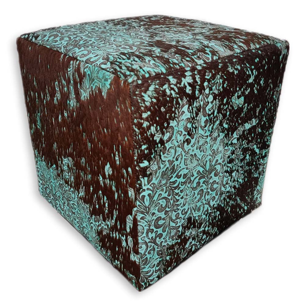 Ottoman Square, Distressed Embossed Floral Turquoise on Brown Ottoman Square, Distressed Embossed Floral Turquoise on Brown