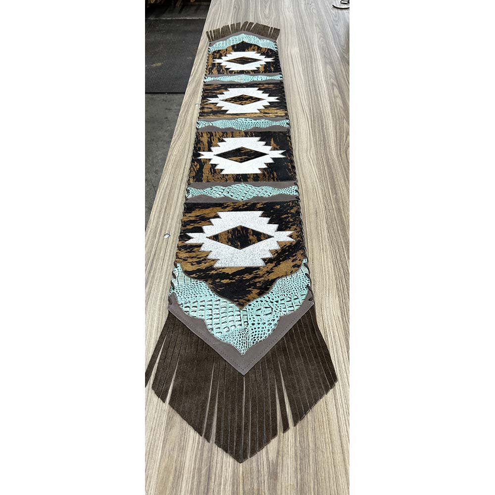 Table Runner Model 2 - Navajo with Details Croc Turquoise, with Fringes, Size 1'X6' Table Runner Model 2 - Navajo with Details Croc Turquoise, with Fringes, Size 1'X6'