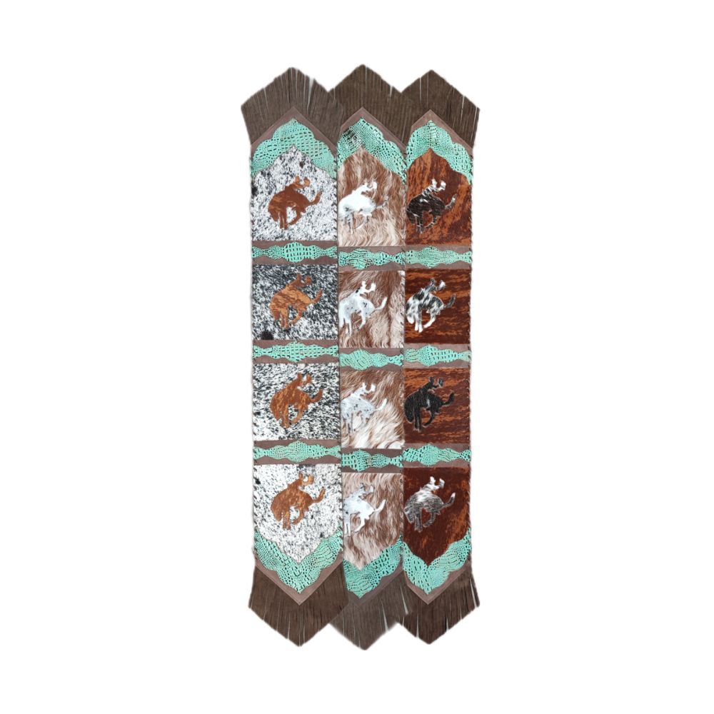 Table Runner Model 2 - Bucking Horse, Croc Turquoise Details, with Fringes, 1' X 8' Table Runner Model 2 - Bucking Horse, Croc Turquoise Details, with Fringes, 1' X 8'