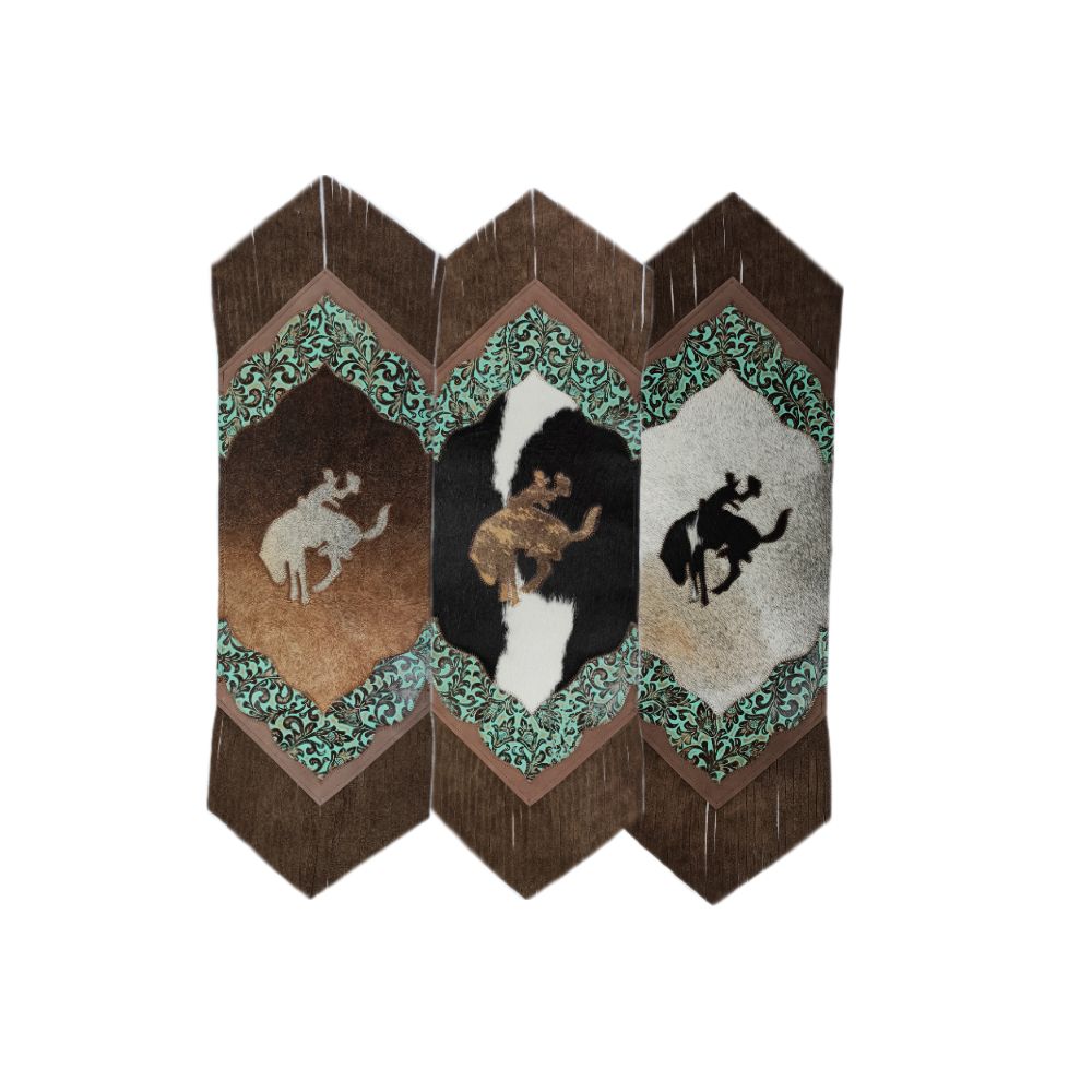 Mini Table Runner Model 2 - Bucking Horse with Details Floral Turquoise, with Fringes, Size 1'X2'6"