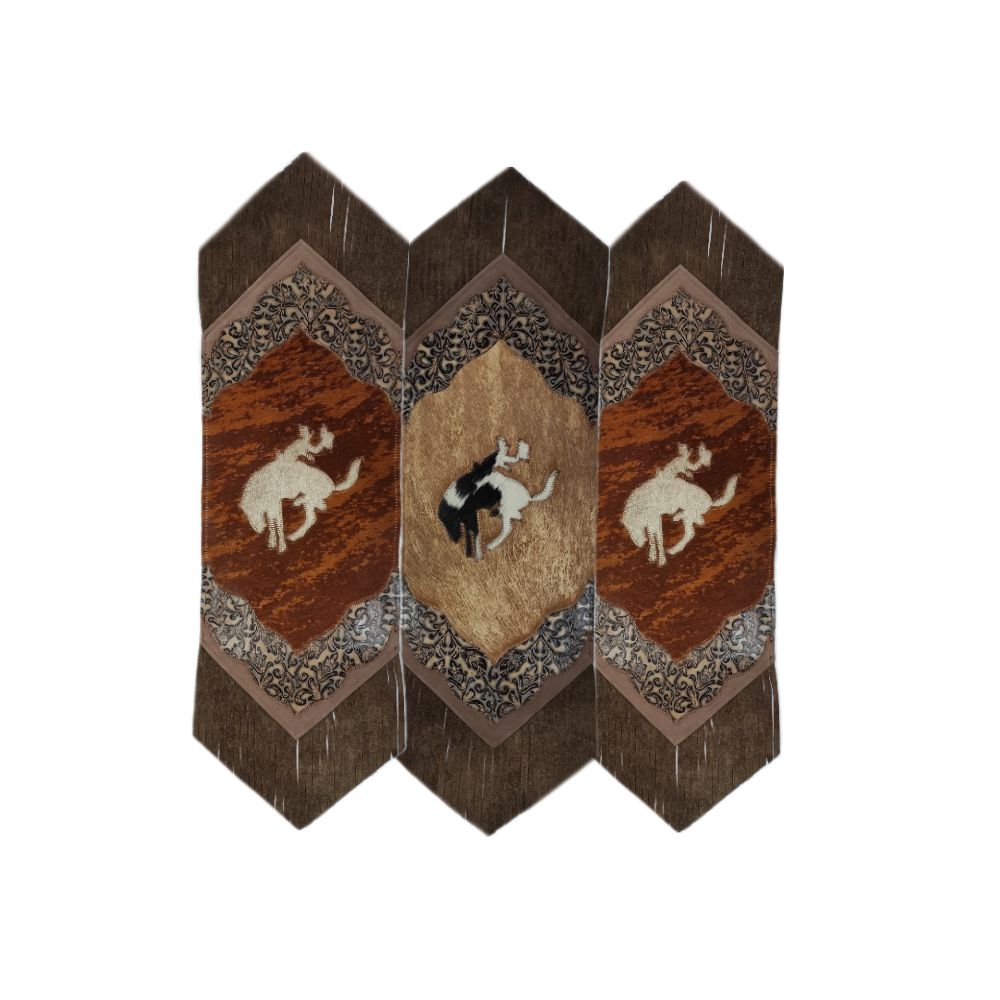 Mini Table Runner Model 2 - Bucking Horse with Details Floral Tan, with Fringes, Size 1'X2'6"