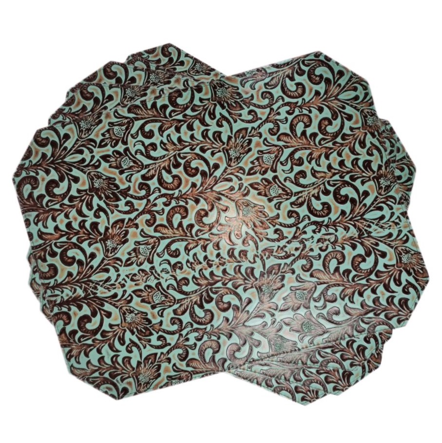 Placemat Embossed Leather Floral Turquoise