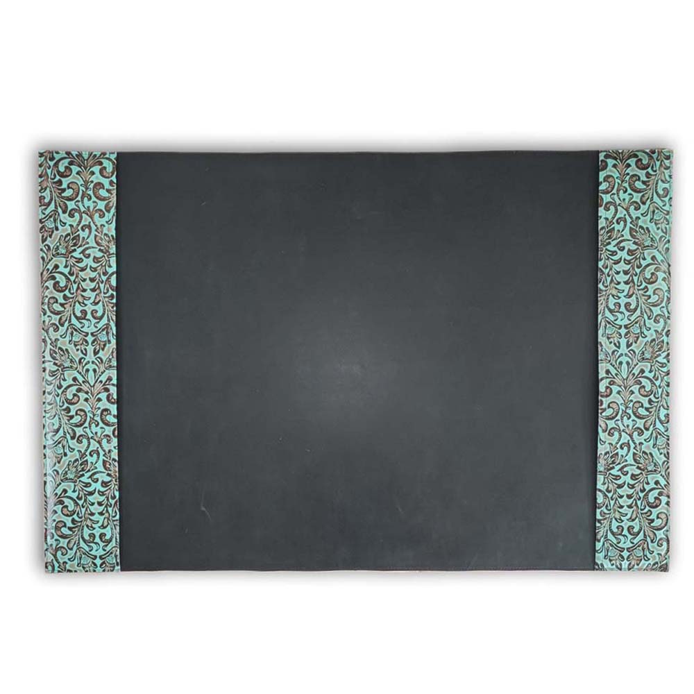 Desk Pad, Black Leather and Floral Turquoise Side Details