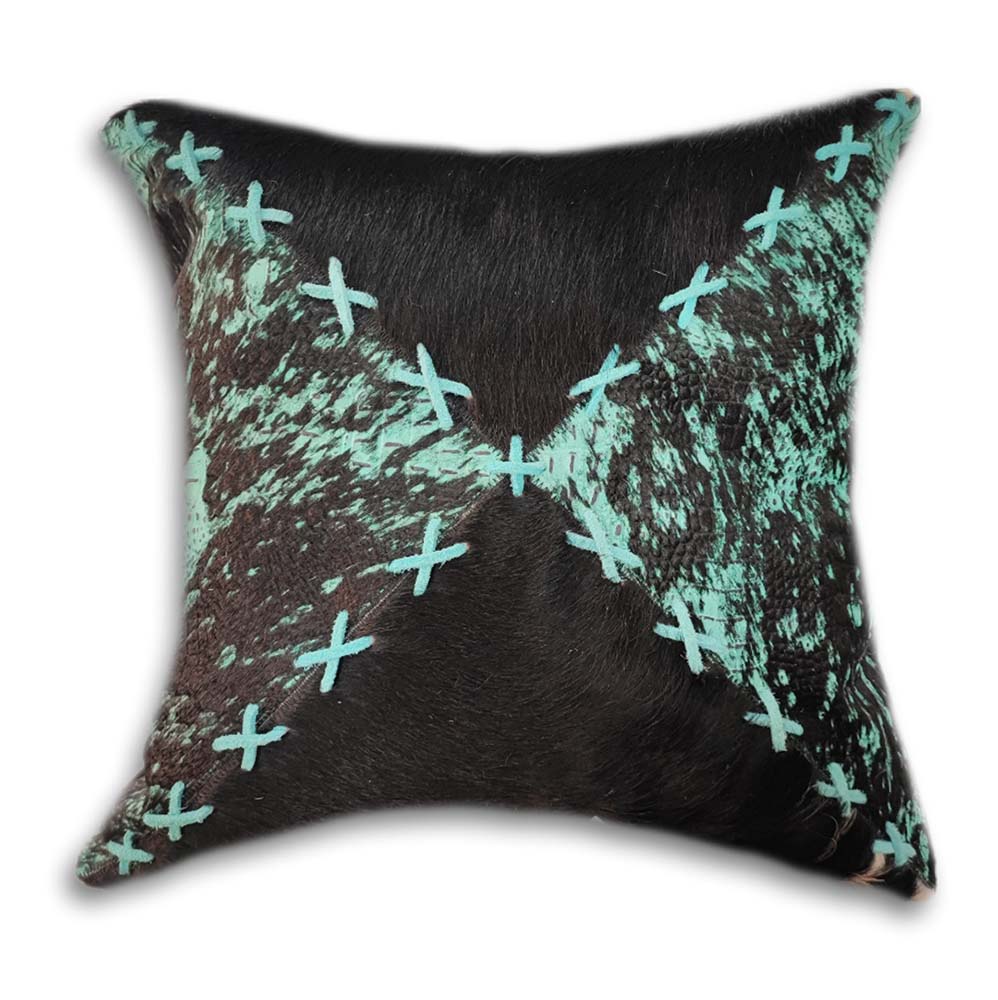 Pillow Case The Ranch, Distressed Croc Turquoise and Cowhide Assorted, Double Sided, Size 20"X20" Pillow Case The Ranch, Distressed Croc Turquoise and Cowhide Assorted, Double Sided, Size 20"X20"