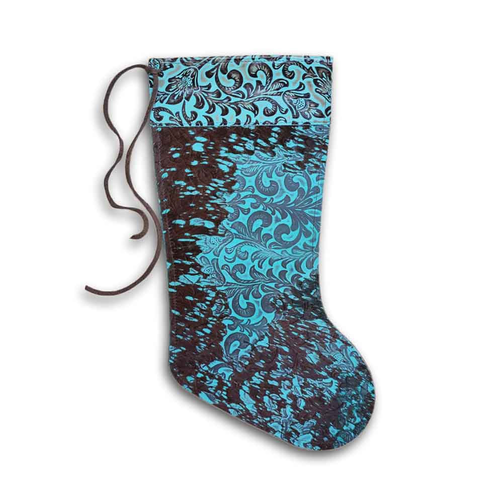Stocking, Distressed Floral Turquoise and Floral Turquoise Leather Top Stripe, Size 9"X17"