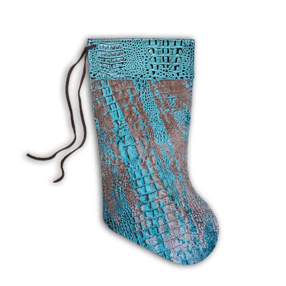 Stocking, Distressed Croc Turquoise and Croc Turquoise Leather Top Stripe, Size 9"X17"
