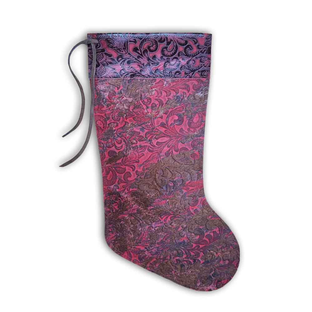 Stocking, Distressed Floral Red and Floral Red Leather Top Stripe, Size 9"X17"