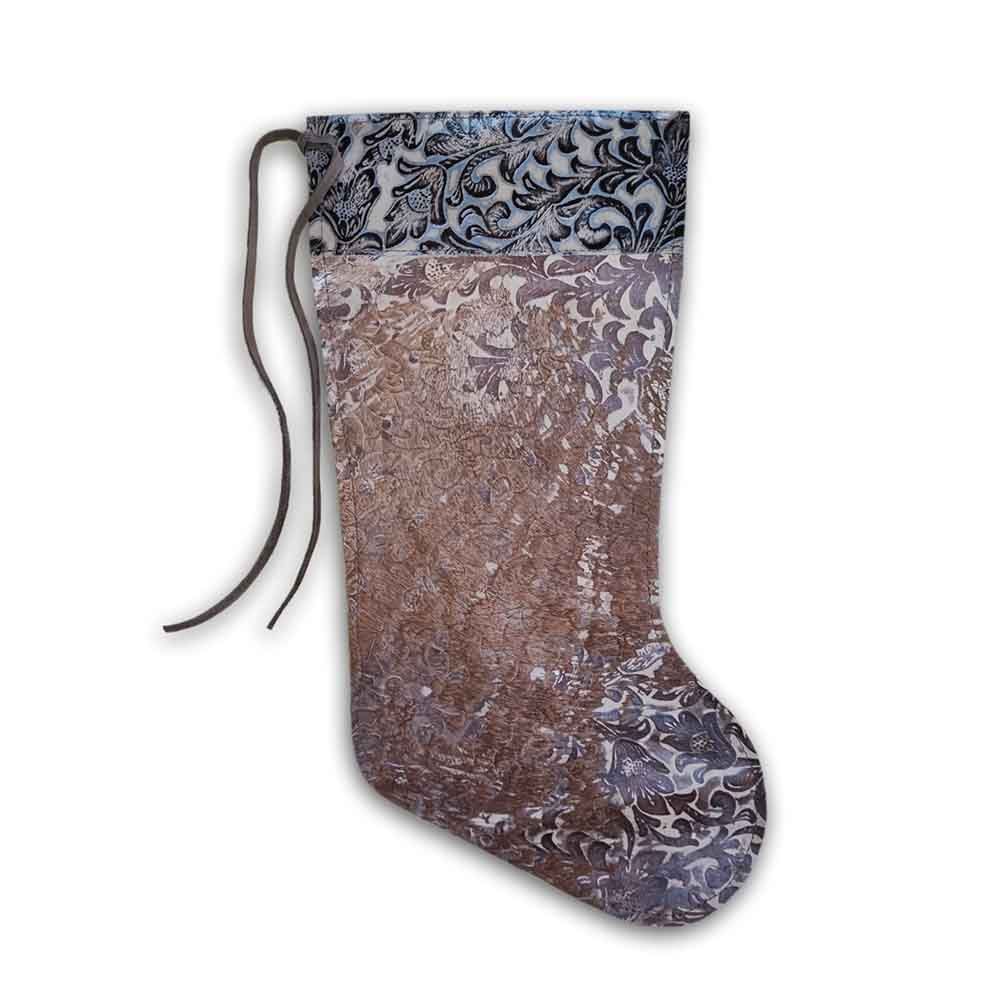 Stocking, Distressed Floral Tan and Floral Tan Leather Top Stripe, Size 9"X17"