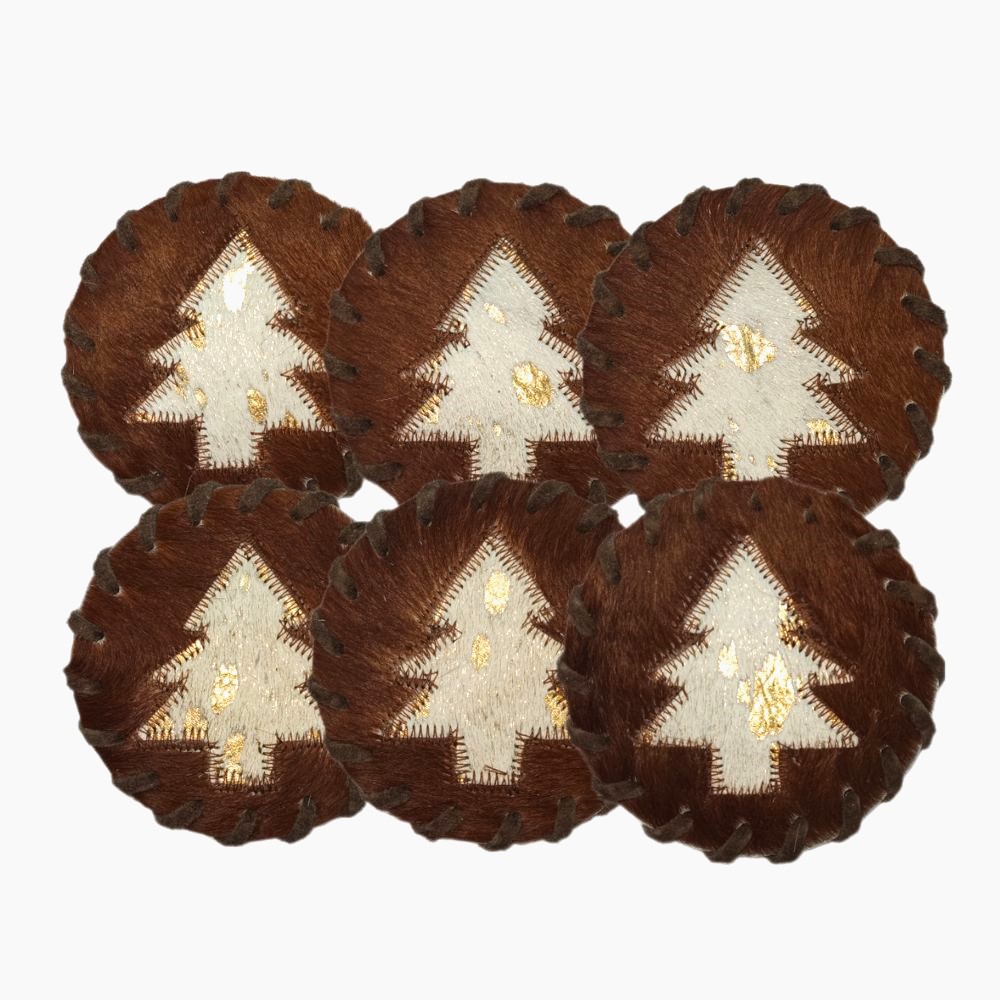 Coaster Christmas Tree Gold Splashed on White and Brown Cowhide, Top Stitched Border