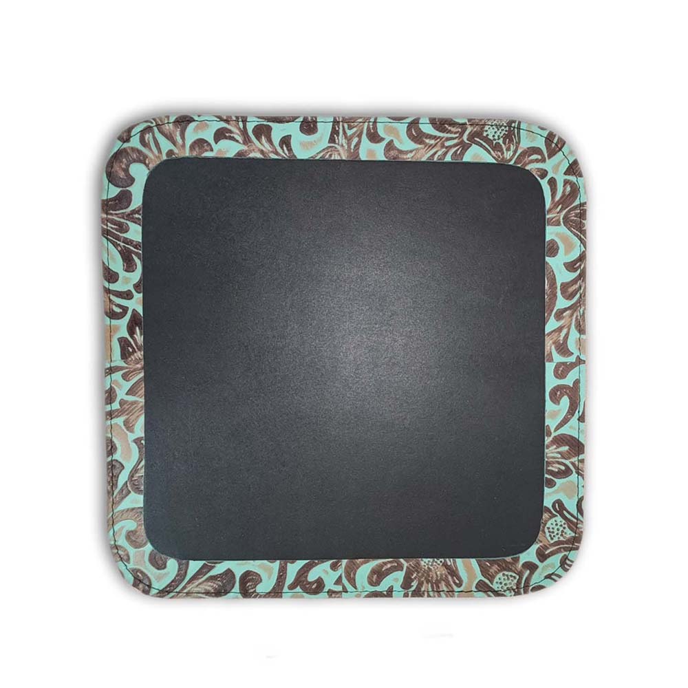 Mouse Pad, Black Leather and Floral Turquoise Detail