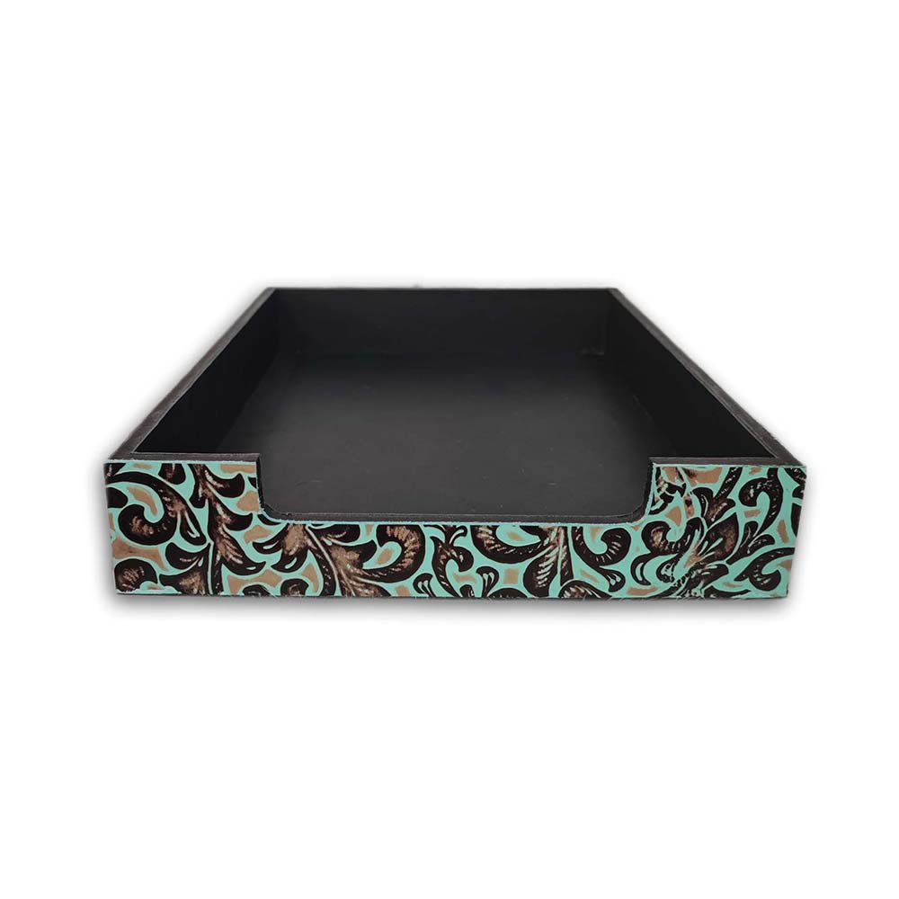 Magazine Organizer Box Embossed Leather Floral Turquoise, Size 27X34 CM Magazine Organizer Box Embossed Leather Floral Turquoise, Size 27X34 CM