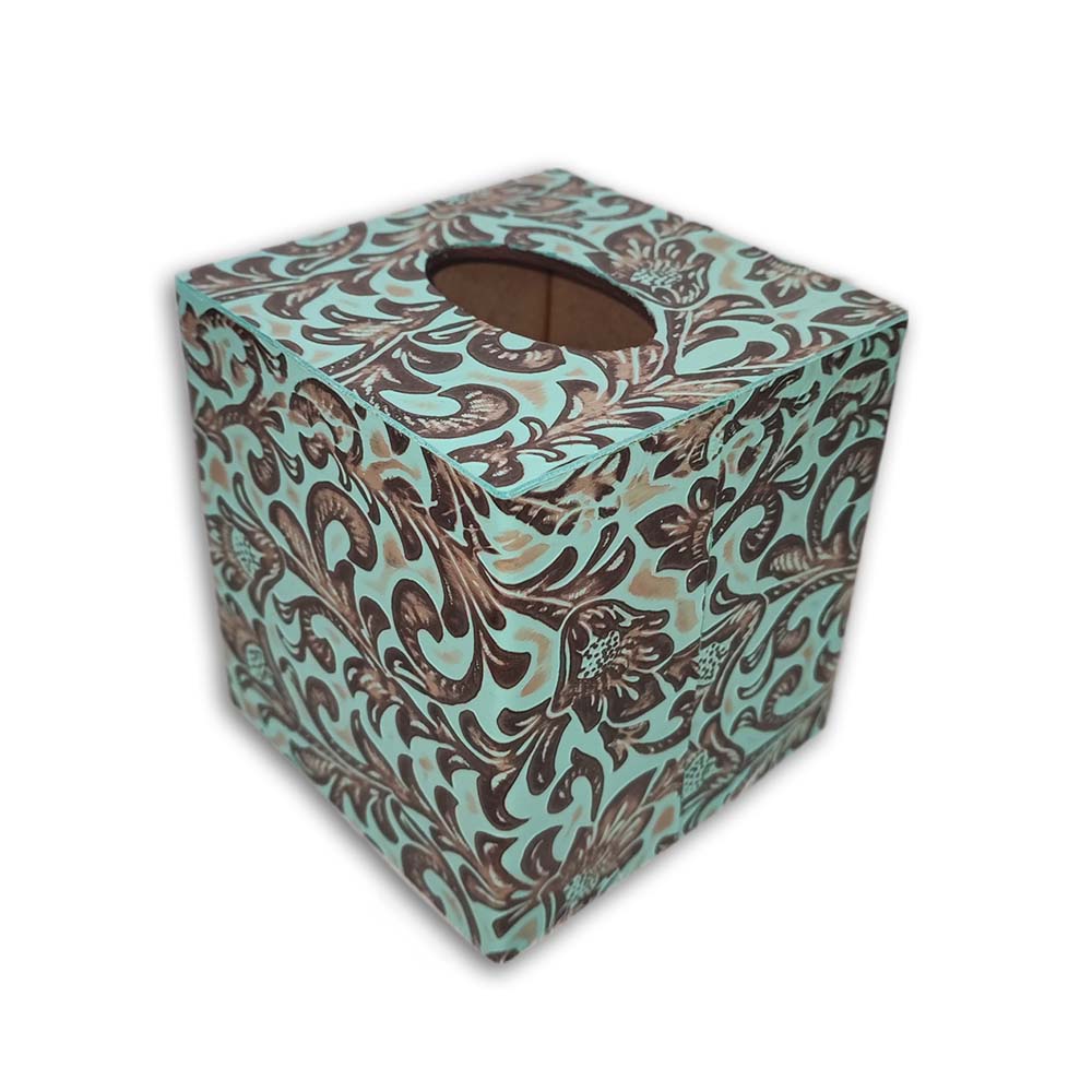 Tissue Box Cover, Embossed Leather Floral Turquoise