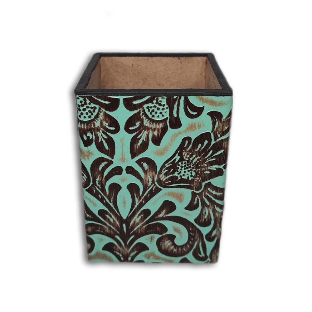 Pen Holder, Embossed Leather Floral Turquoise Pen Holder, Embossed Leather Floral Turquoise