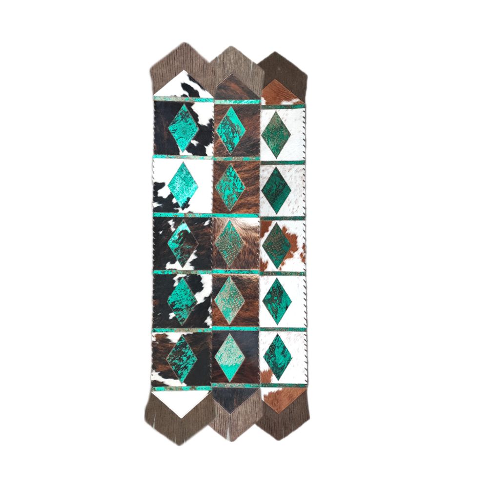 Table Runner Model 1 - Diamonds, Distressed Croc Turq Details, with Fringes, 1' X 10'