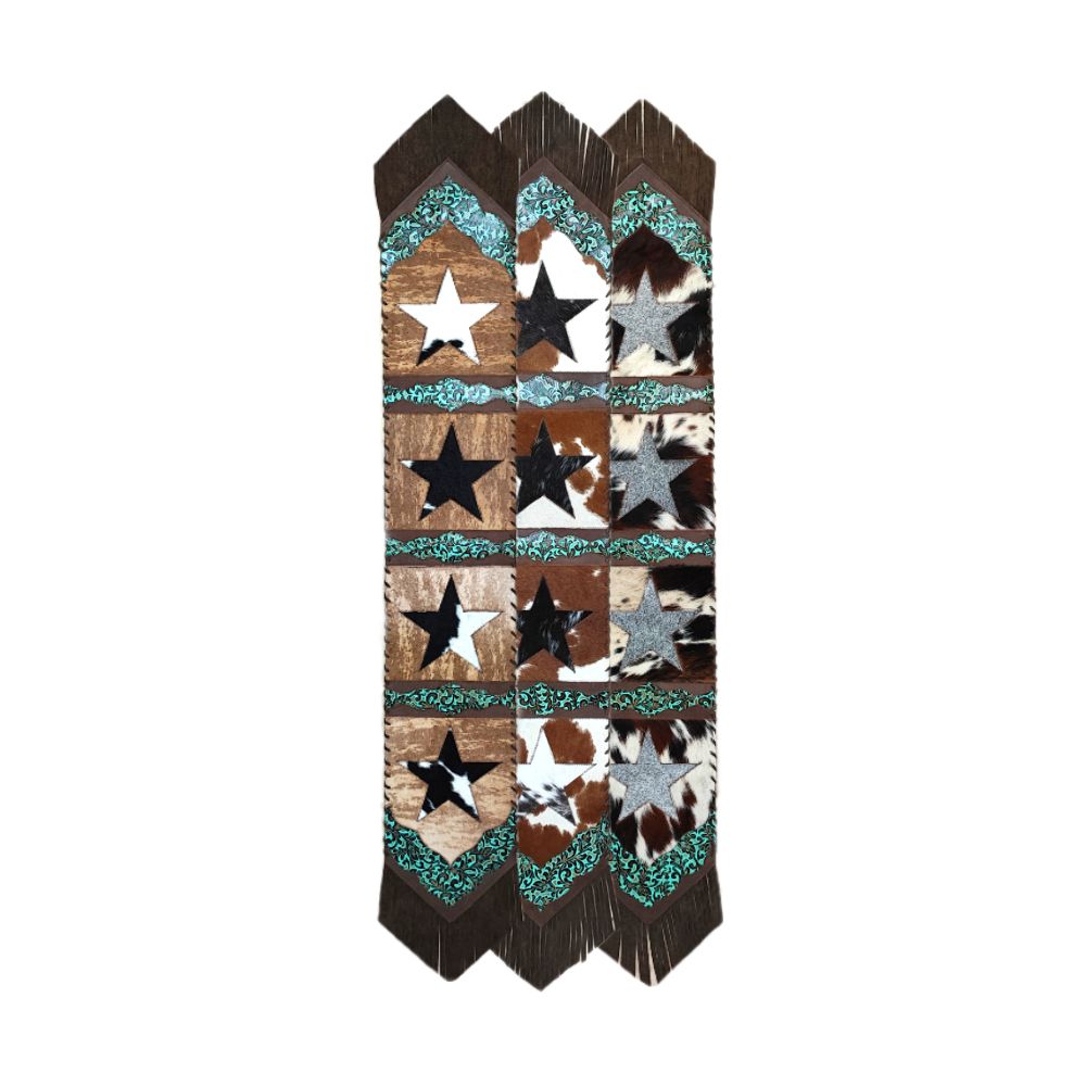 Table Runner Model 2 - Star with Details Floral Turquoise, with Fringes, Size 1'X6'
