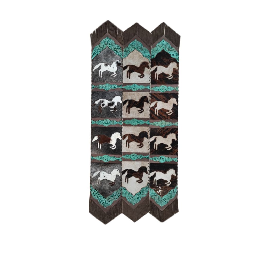 Table Runner Model 2 - Running Horse with Details Croc Turquoise, with Fringes, Size 1'X6'
