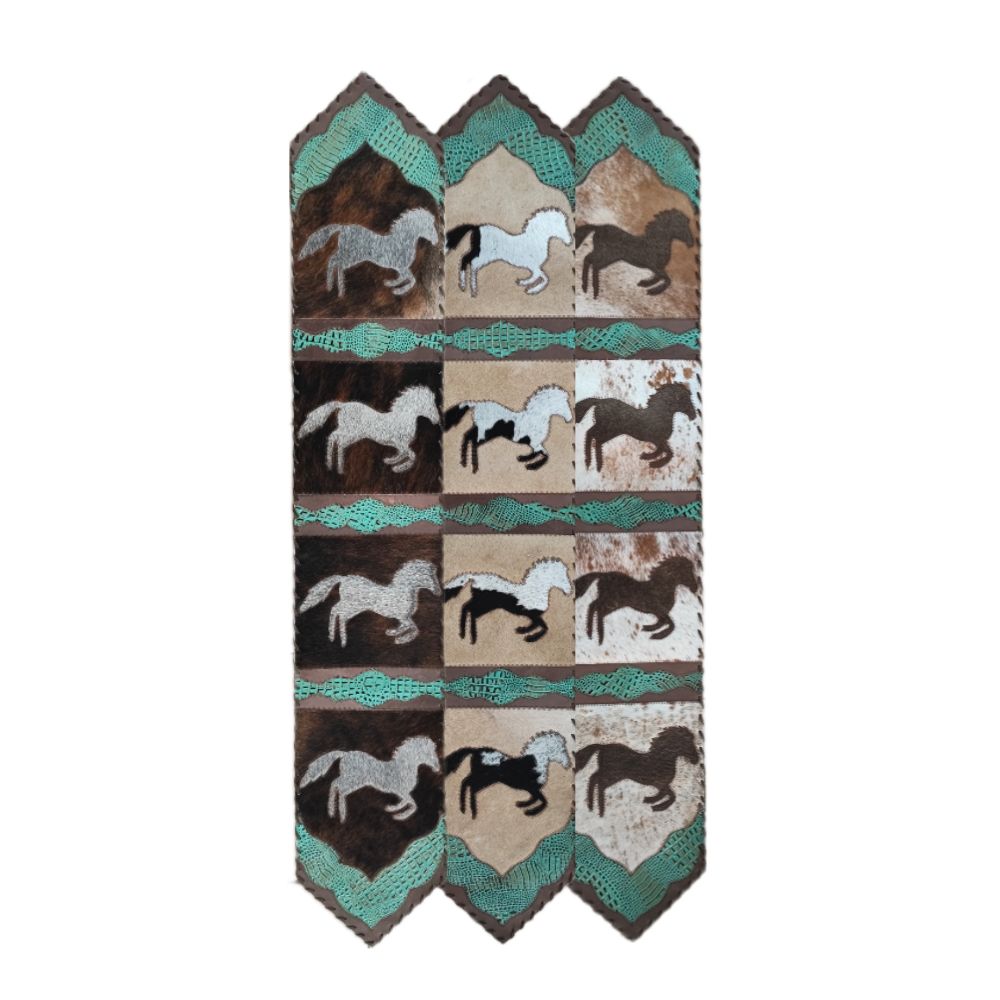 Table Runner Model 2 - Running Horse, Croc Turquoise Details, Laced Border, 1' X 8'