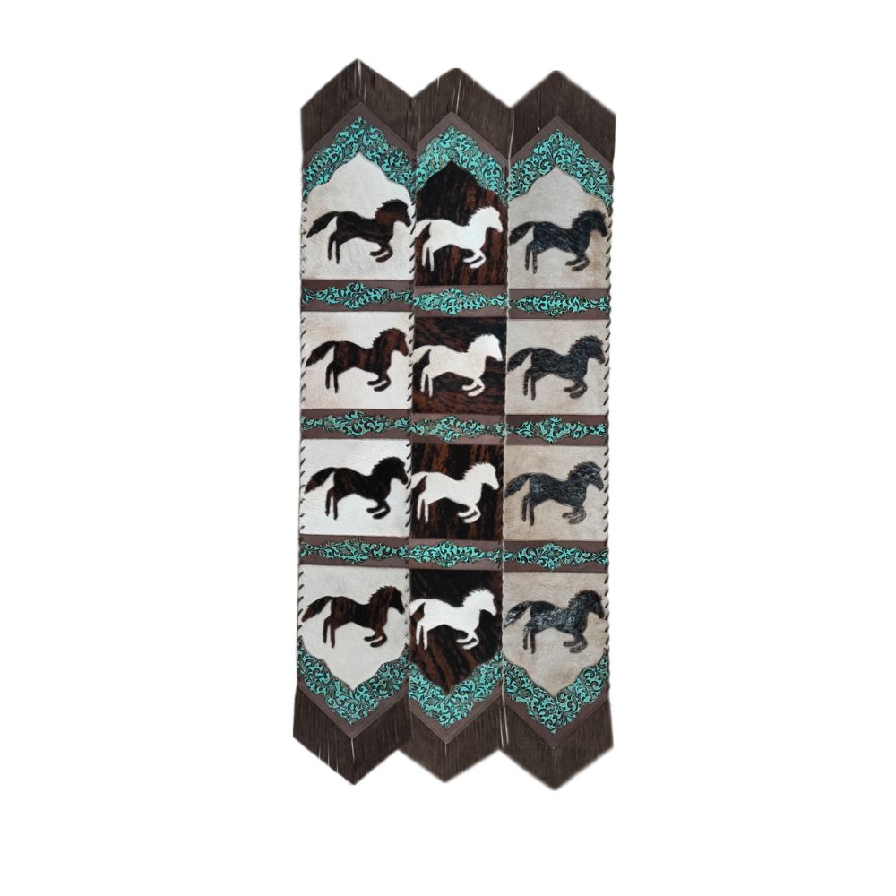 Table Runner Model 2 - Running Horse, Floral Turquoise Details, with Fringes, 1' X 10'