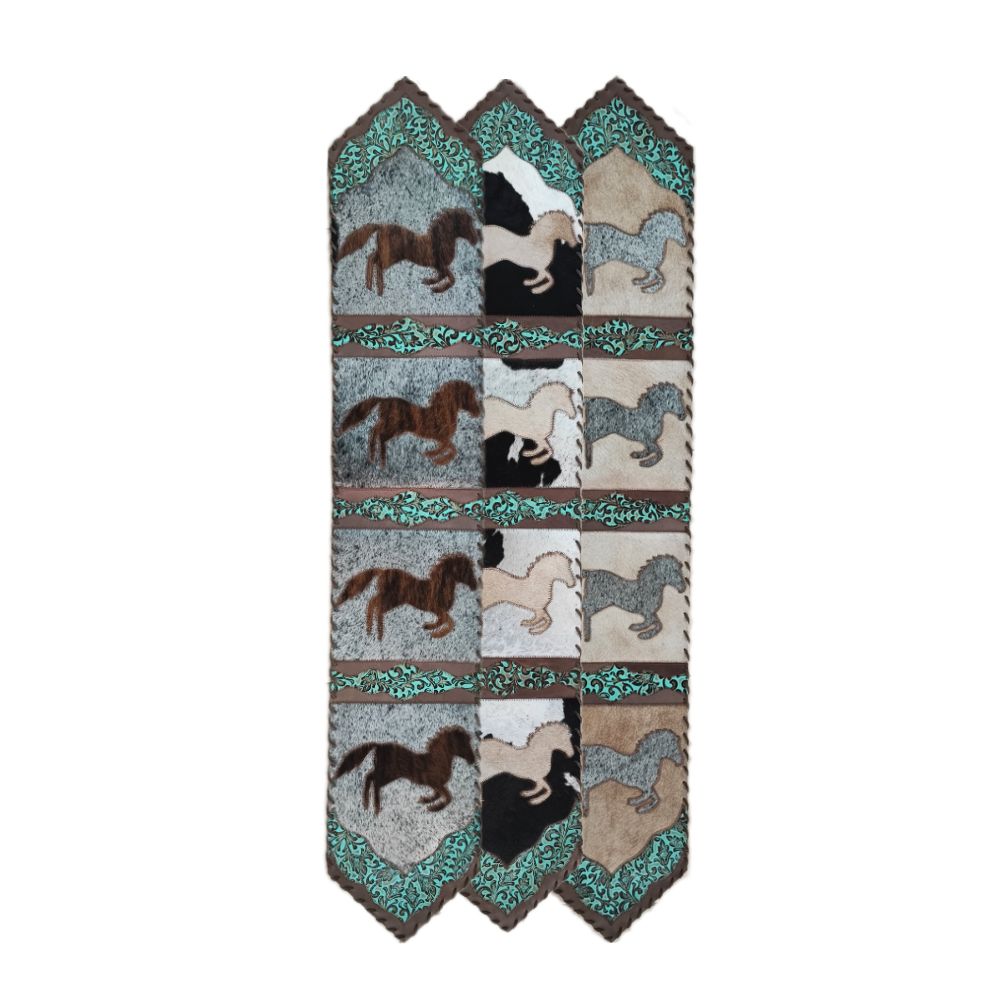 Table Runner Model 2 - Running Horse, Floral Turquoise Details, Laced Border, 1' X 10'