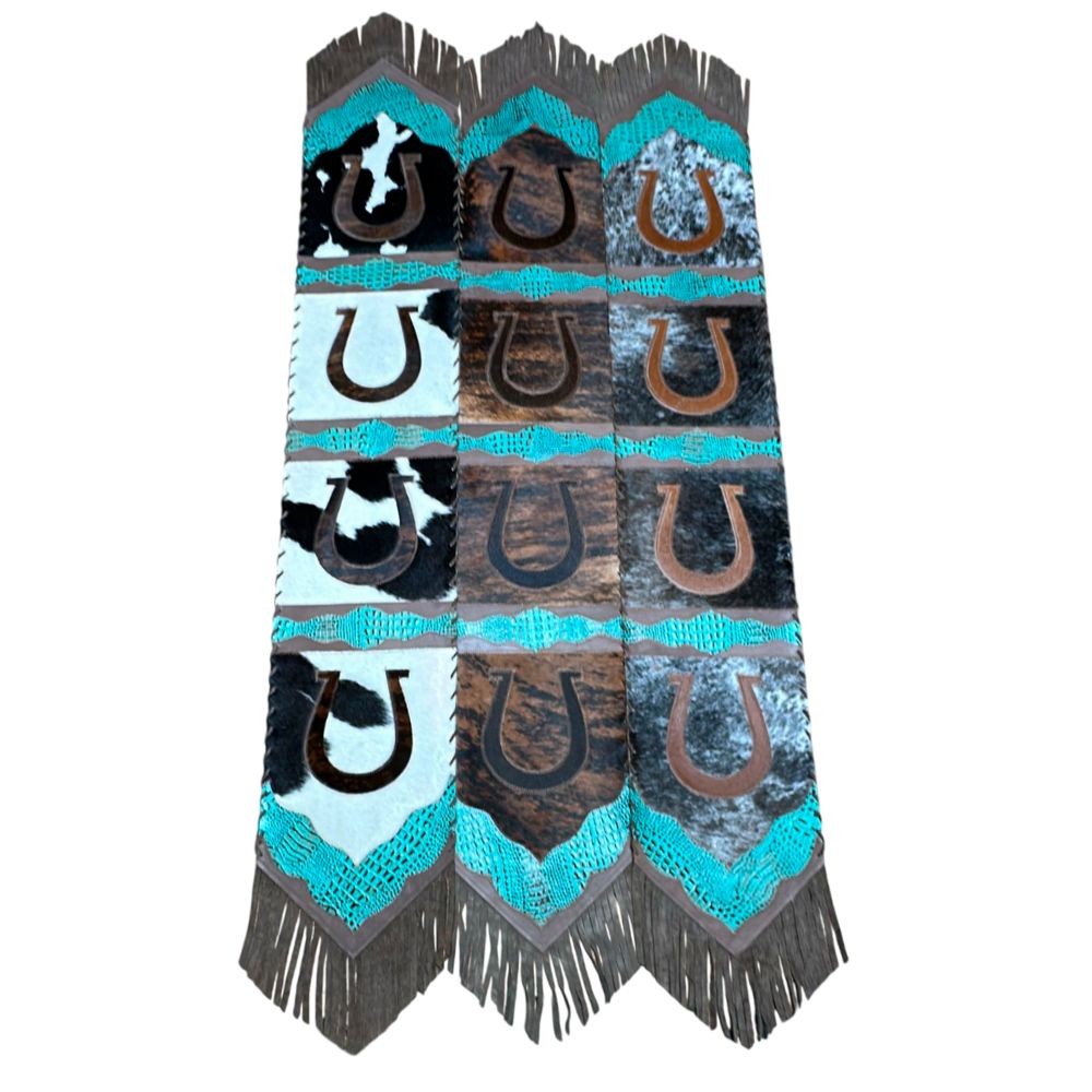 Table Runner Model 2 - Horse Shoe with Details Croc Turquoise, with Fringes, Size 1'X6' Table Runner Model 2 - Horse Shoe with Details Croc Turquoise, with Fringes, Size 1'X6'