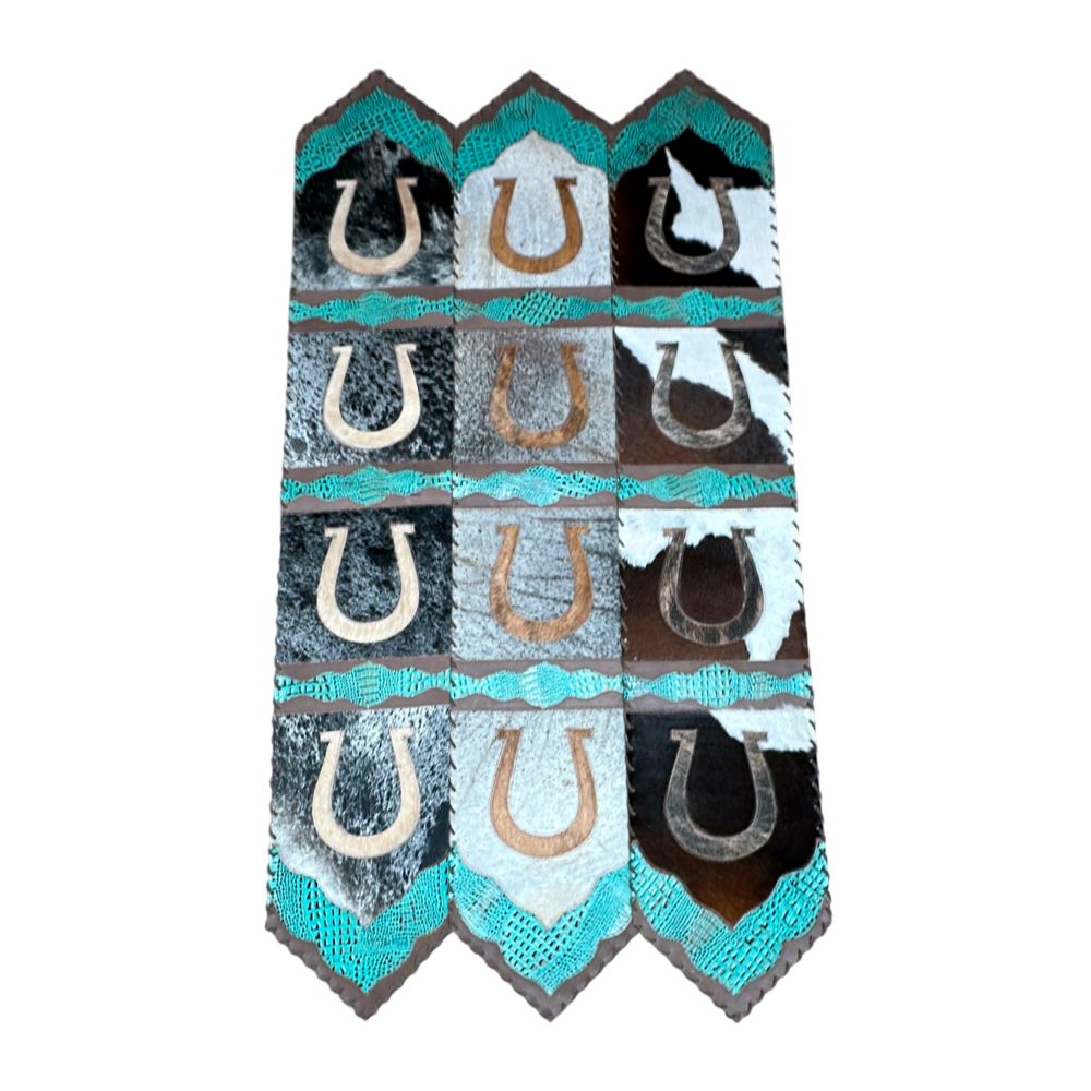 Table Runner Model 2 - Horse Shoe with Details Croc Turquoise, Laced Border, Size 1'X6' Table Runner Model 2 - Horse Shoe with Details Croc Turquoise, Laced Border, Size 1'X6'