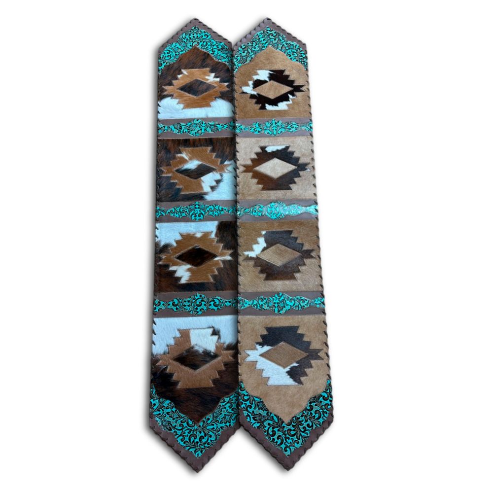 Table Runner Model 2 - Navajo, Floral Turquoise Details, Laced Border, 1' X 6'
