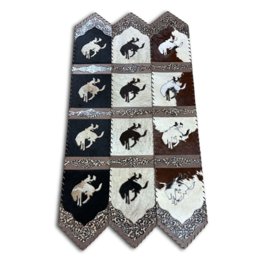 Table Runner Model 2 - Bucking Horse, Floral Tan Details, Laced Border, 1' X 10' Table Runner Model 2 - Bucking Horse, Floral Tan Details, Laced Border, 1' X 10'