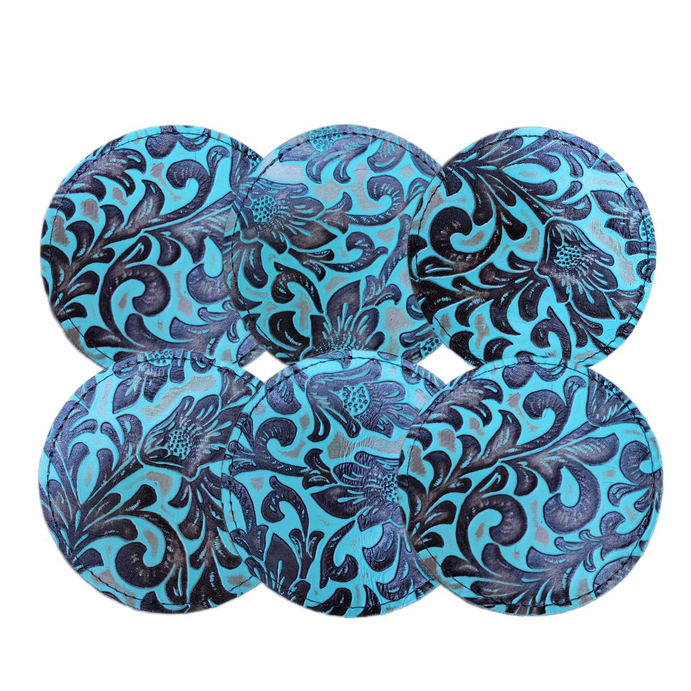 Coaster Floral Turquoise Embossed Leather Coaster Floral Turquoise Embossed Leather