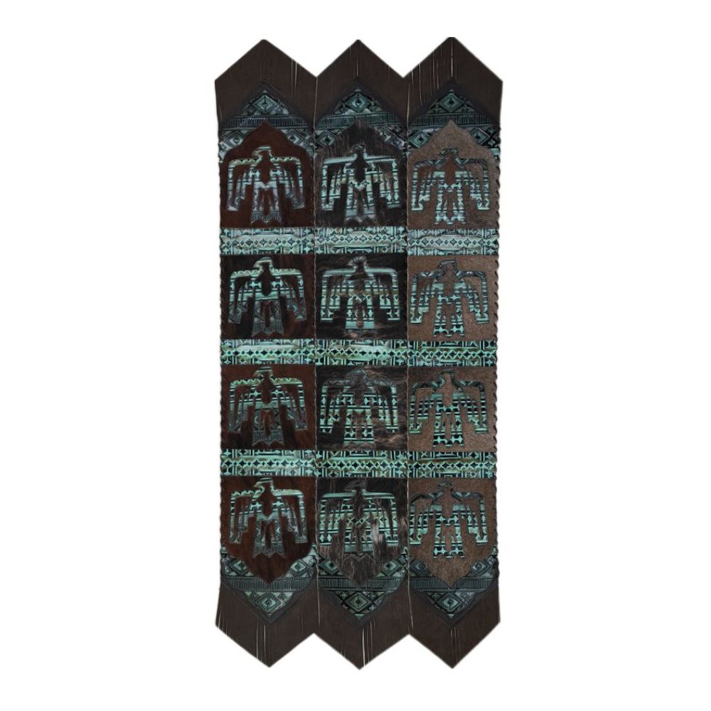 Table Runner Model 2 - Thunderbird, Navajo Turquoise Details, with Fringes, 1' X 8'
