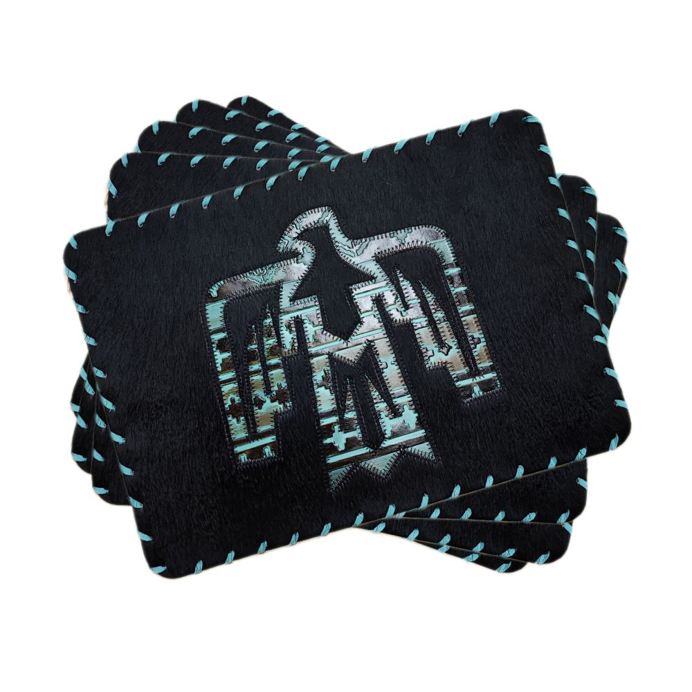 Placemat Thunderbird, Navajo Turquoise & Cowhide, Laced Border