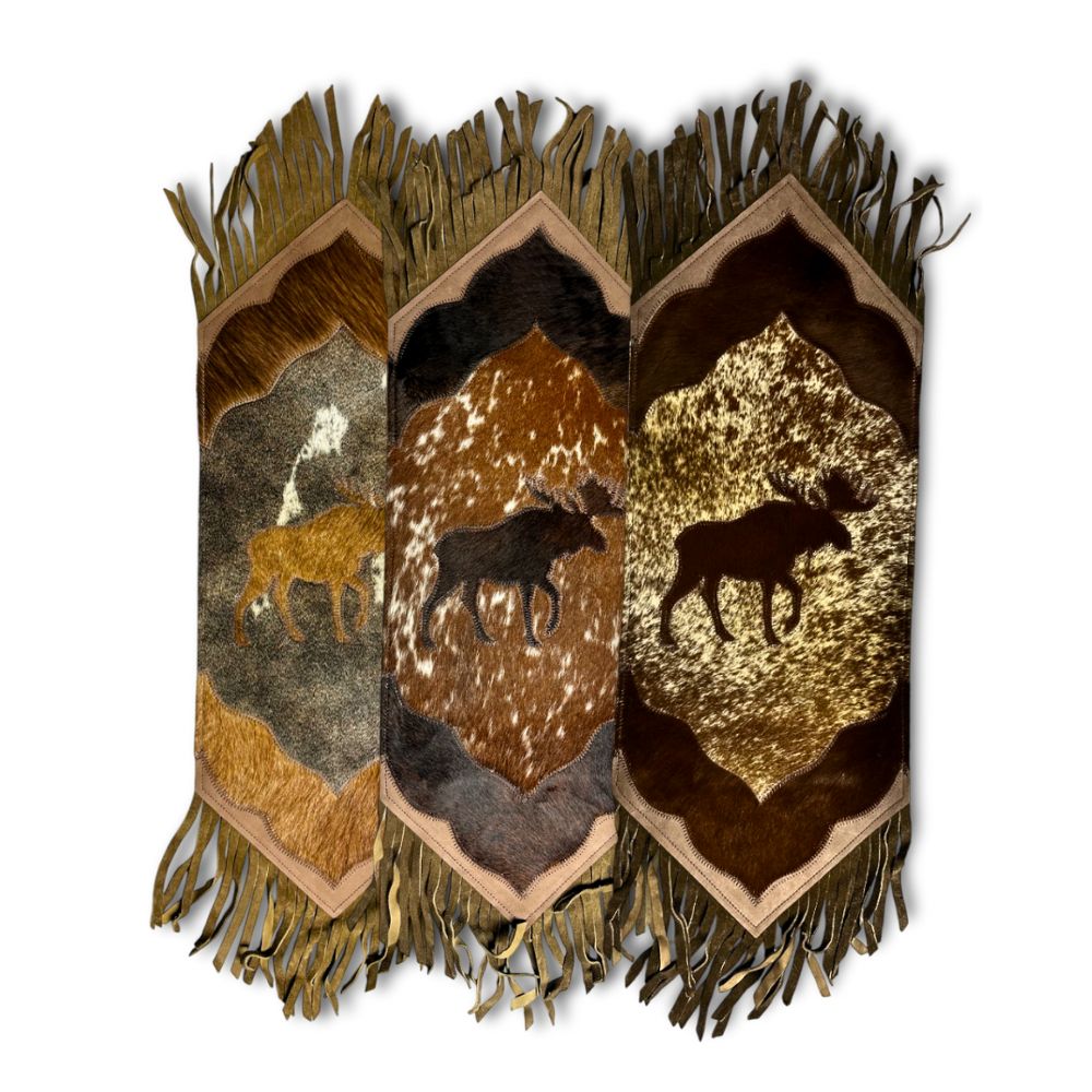 Mini Table Runner Model 2 - Moose, Only Cowhide, with Fringes, Size 1'X2'6"