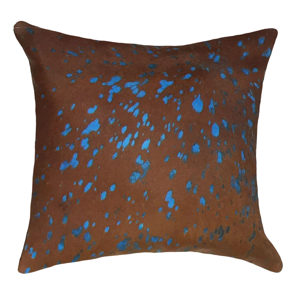 Pillow Case Turquoise Splashed on Brown, Cowhide Double Sided, Size 18' X 18' Pillow Case Turquoise Splashed on Brown, Cowhide Double Sided, Size 18' X 18'