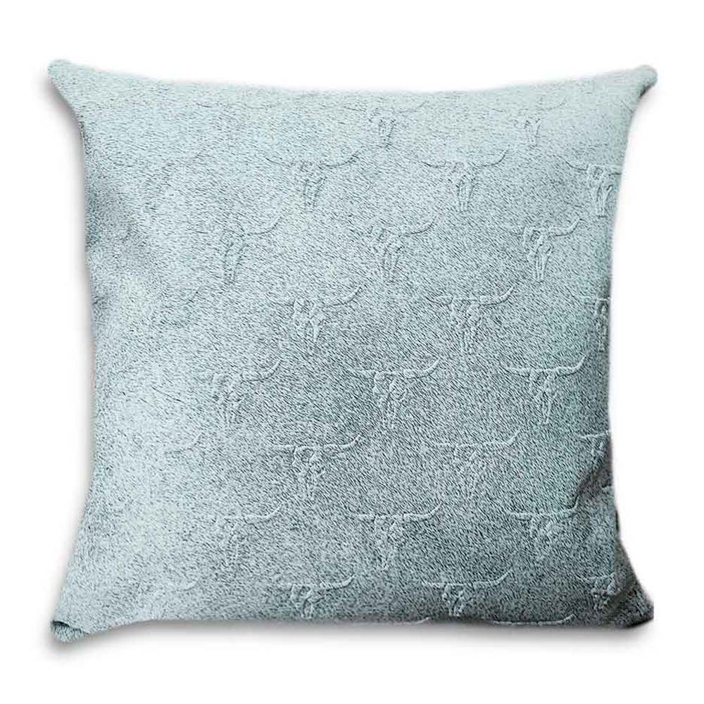 Pillow Case Embossed Longhorn on Grey, Cowhide Double Sided, Size 18' X 18' Pillow Case Embossed Longhorn on Grey, Cowhide Double Sided, Size 18' X 18'