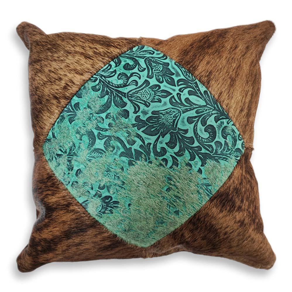 Pillow Case Western 2 Distressed Floral Turq, Cowhide Double Sided, Size 20' X 20' Pillow Case Western 2 Distressed Floral Turq, Cowhide Double Sided, Size 20' X 20'